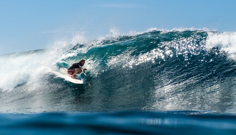 Blue Wave Surfing Action by Eric Verbiest — canvas wall art
