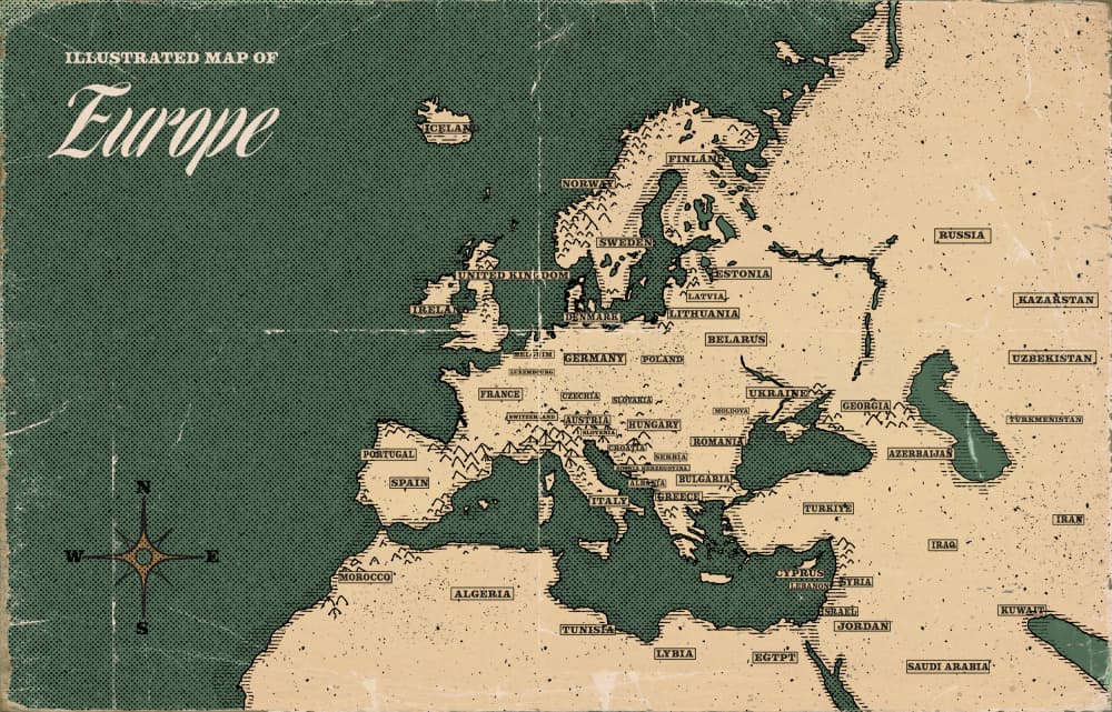 Illustrated Vintage Europe Map by Nicholas — canvas wall art