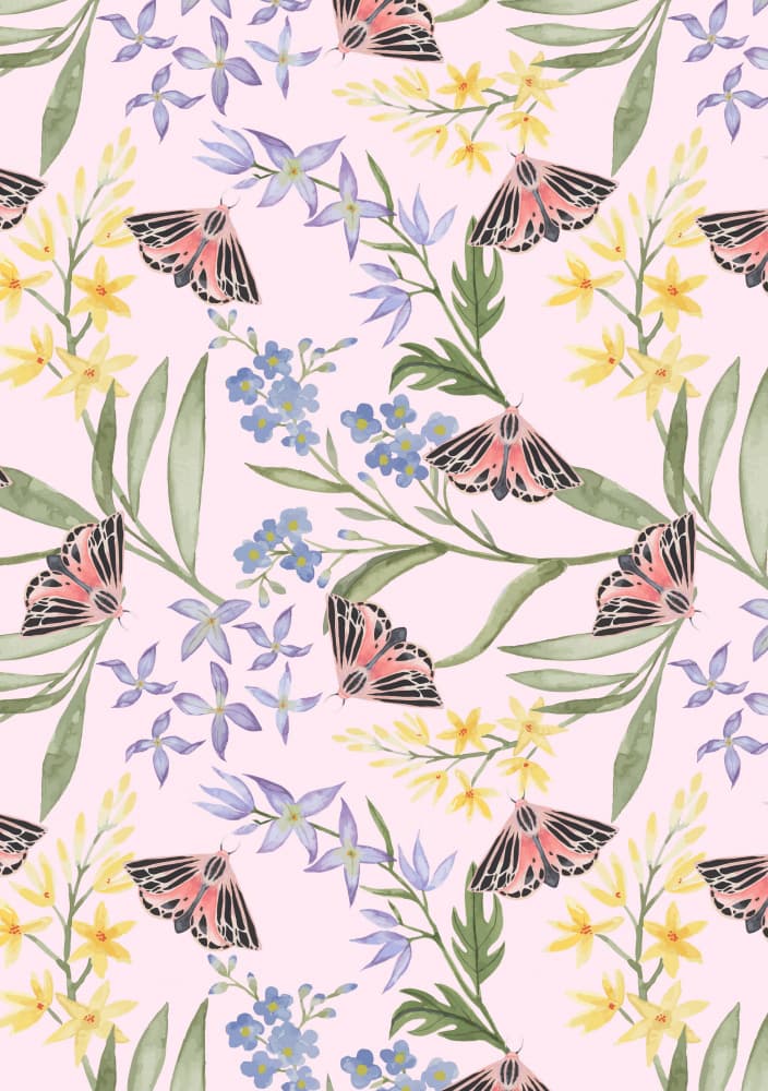 Watercolor Moths and Blooms by Linda Sitniece — canvas wall art
