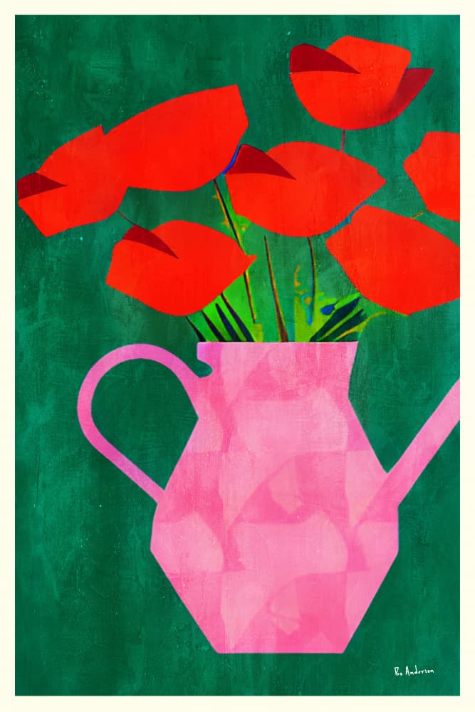 Red Poppies In a Pink Vase by Bo Anderson — canvas wall art