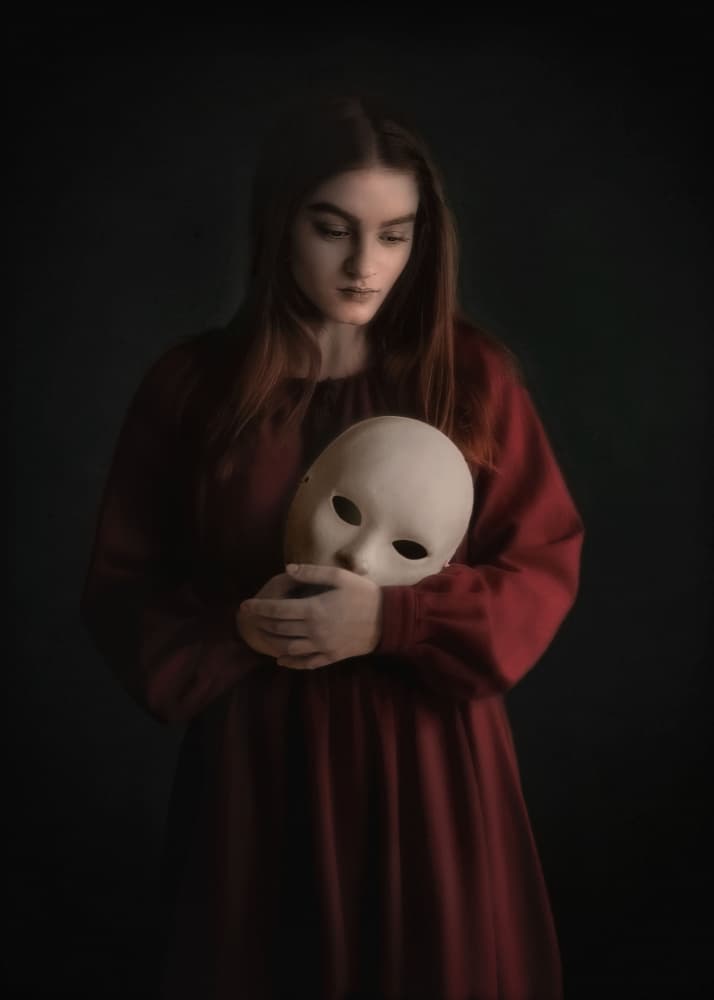 Mysterious Woman Holding Mask by Nicolae  Stefanel Rusu — canvas wall art
