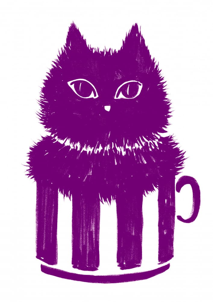 Purple Cat In Mug by Rosana Laiz Blursbyai — canvas wall art