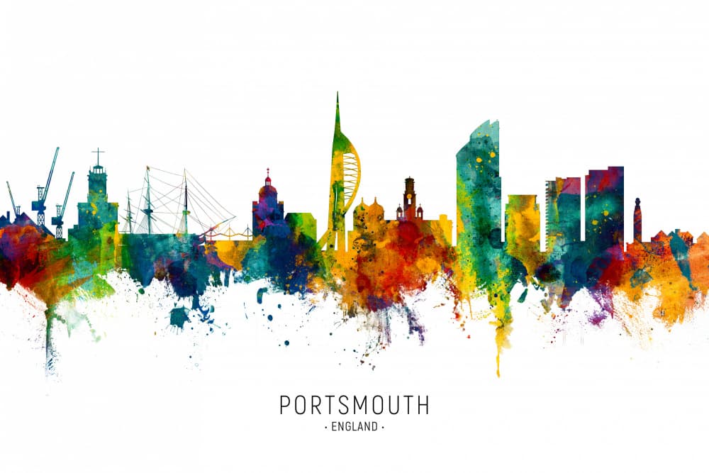 Colorful Portsmouth Skyline by Michael Tompsett — canvas wall art