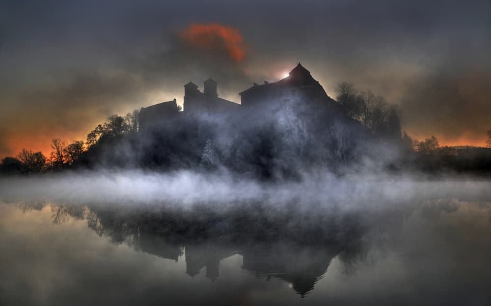 Misty Castle Reflection by paralaxa — canvas wall art