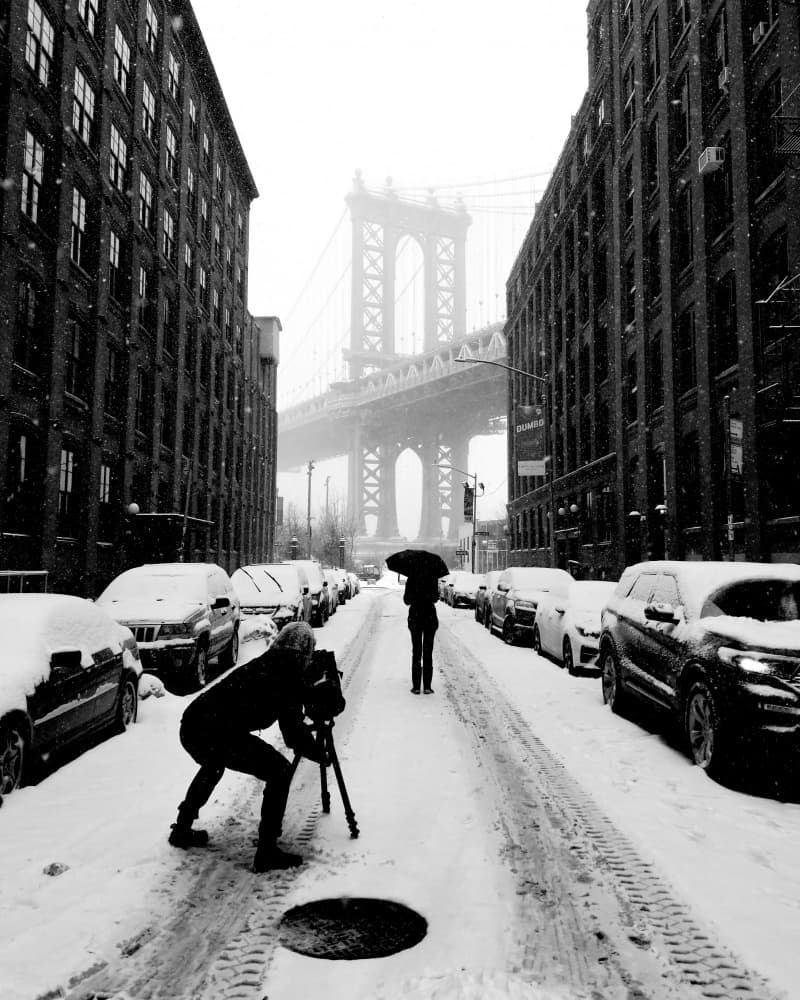 Snowy Dumbo Manhattan Bridge by Ivan Lesica — canvas wall art