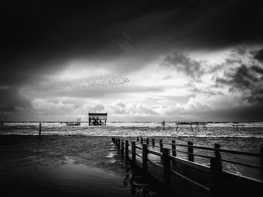 Moody Coastal Stilt House by Arne Jansen — canvas wall art