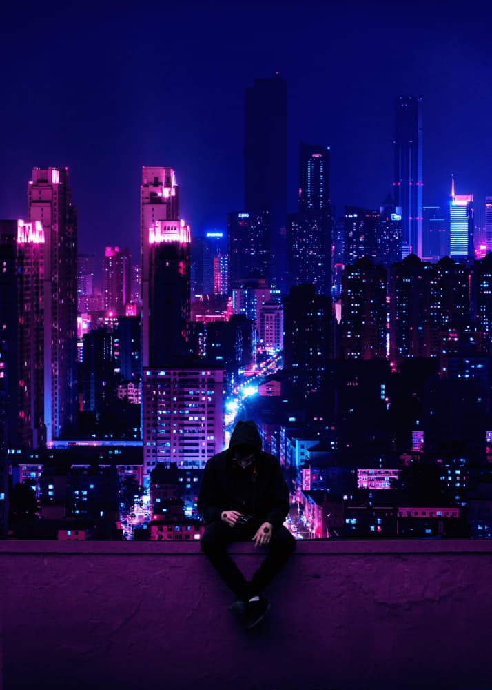 Neon City Rooftop by Ariz Rab — canvas wall art