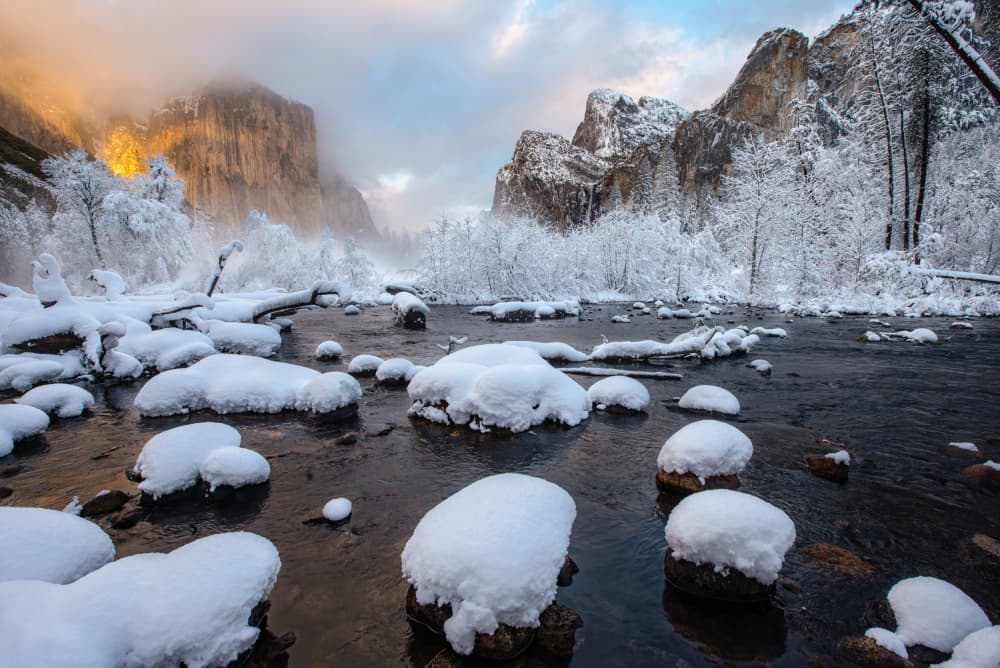 Golden Light Winter River by April Xie — canvas wall art