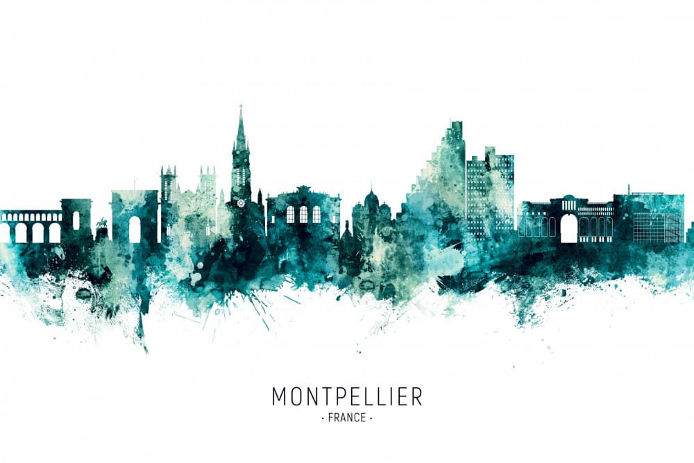 Montpellier Watercolor Skyline by Michael Tompsett — canvas wall art