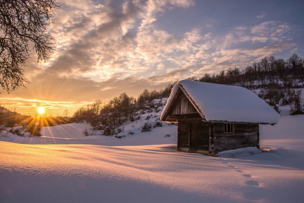 Snowy Sunset Cabin by Joško Šimic — canvas wall art