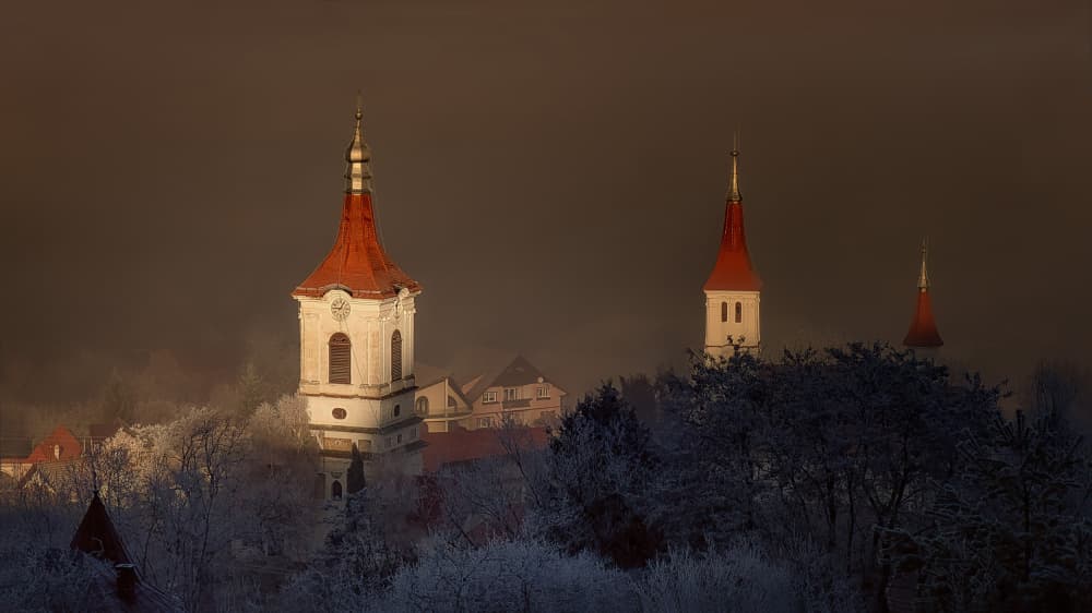 Golden Spires Winter Glow by Nicolae Stefanel Rusu — canvas wall art