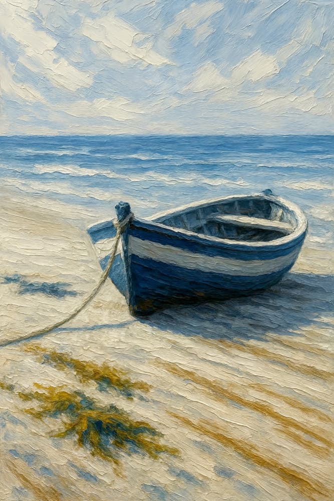 Serene Blue Boat Beach by Natalie Bruns — canvas wall art