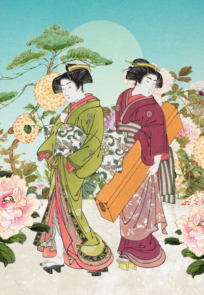 Japanese Geisha Flower Garden by Marja van den Hurk — canvas wall art