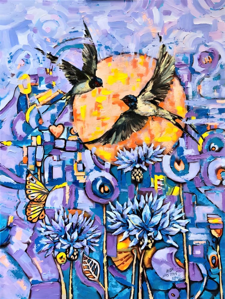 Vibrant Swallows Blue Garden by Anda Bieza — canvas wall art