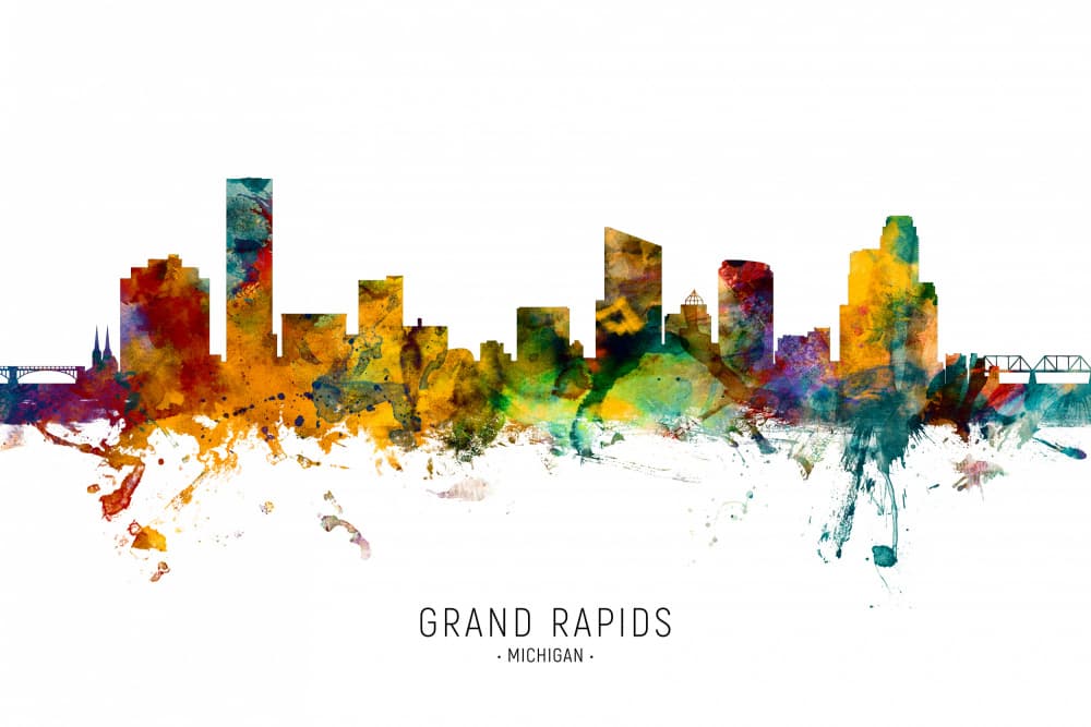 Grand Rapids Watercolor Skyline by Michael Tompsett — canvas wall art
