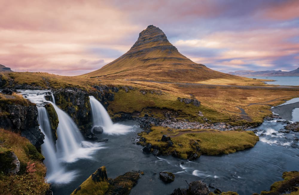 Kirkjufell Falls Golden Hour by Wei (David) Dai — canvas wall art