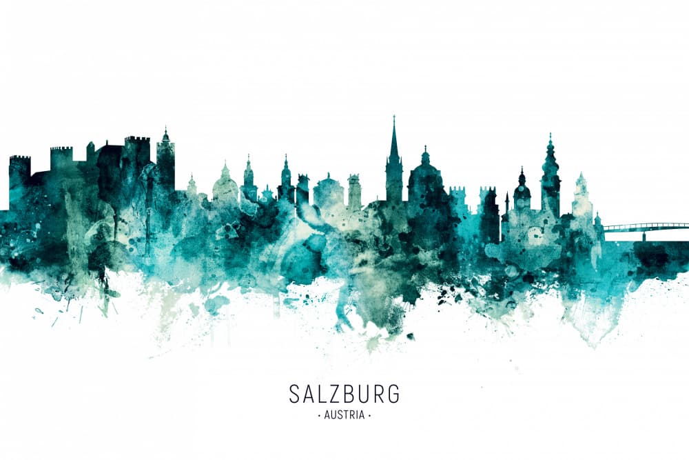 Salzburg Watercolor Skyline by Michael Tompsett — canvas wall art