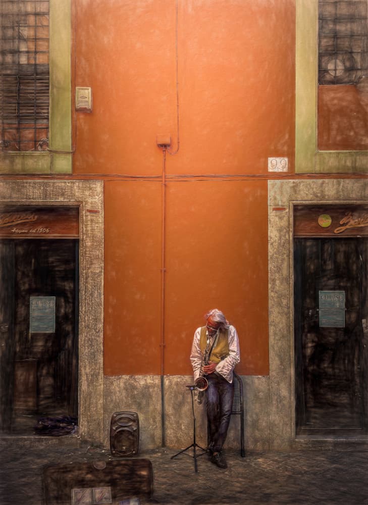 Street Saxophonist Serenade by Mia Meng — canvas wall art