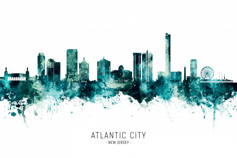 Atlantic City Skyline Watercolor by Michael Tompsett — canvas wall art