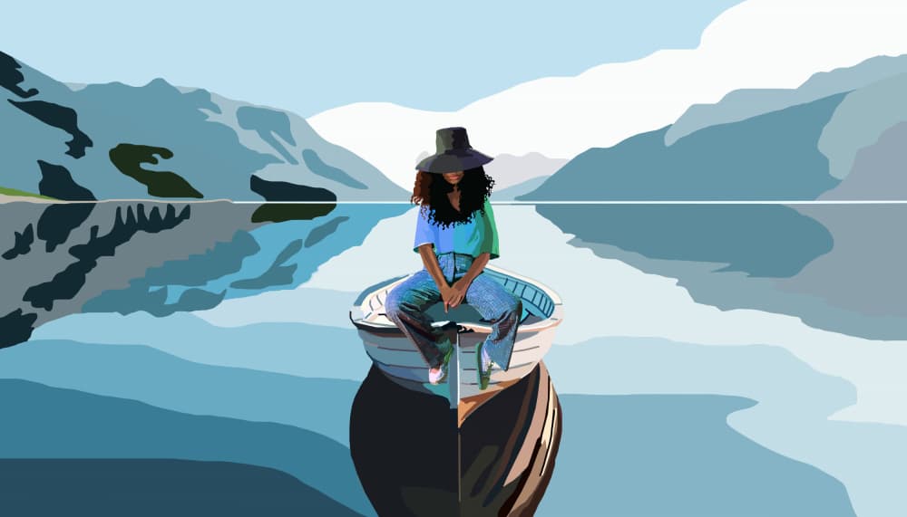 Woman on Mountain Lake by Lynnda Rakos — canvas wall art