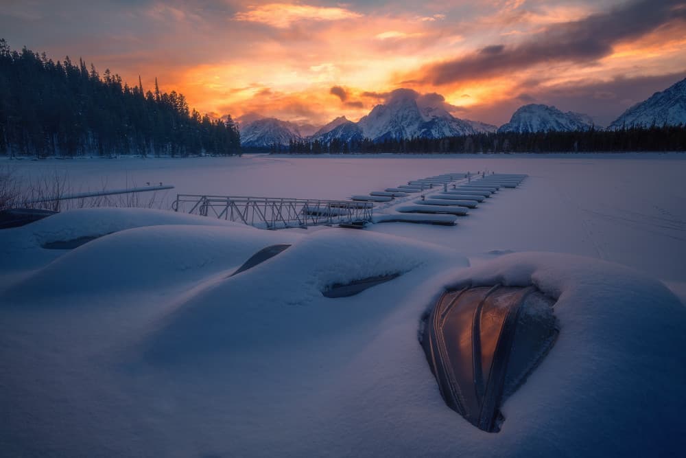 Snowy Lake Mountain Sunrise by Mei Xu — canvas wall art