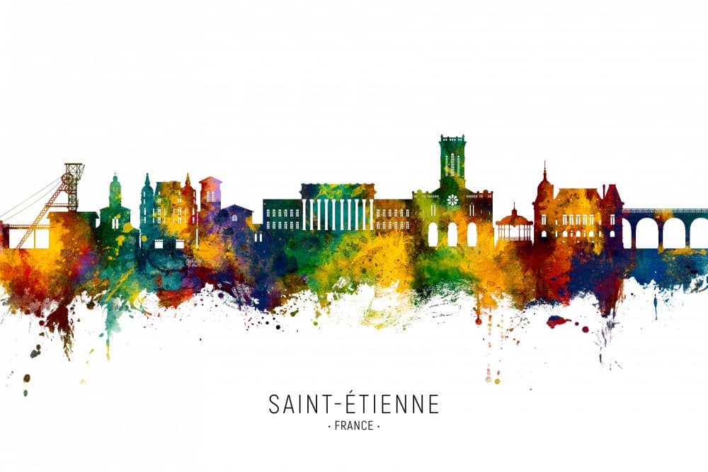 Saint-Étienne Watercolor Skyline by Michael Tompsett — canvas wall art