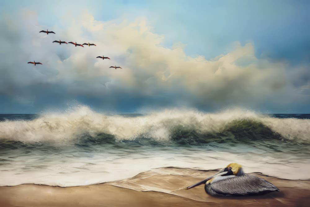 Brown Pelican Ocean Waves by Barbara Fletcher — canvas wall art