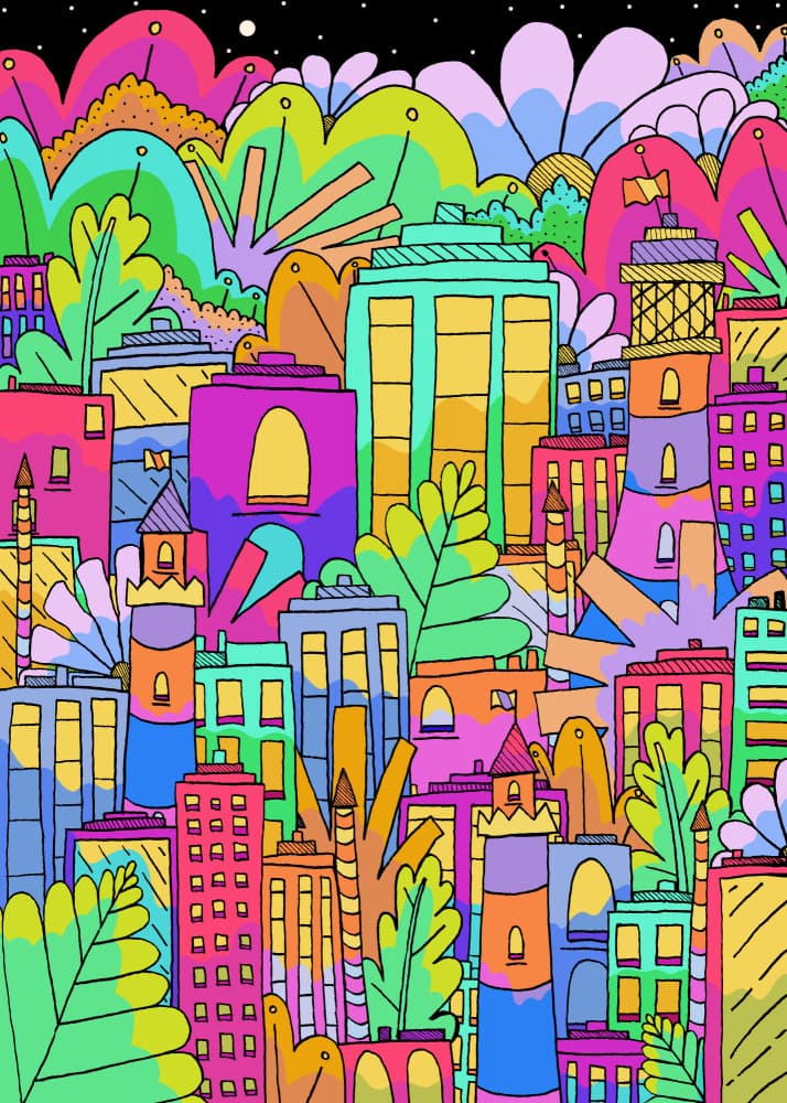 Playful Cityscape Night by Stephen Wade — canvas wall art