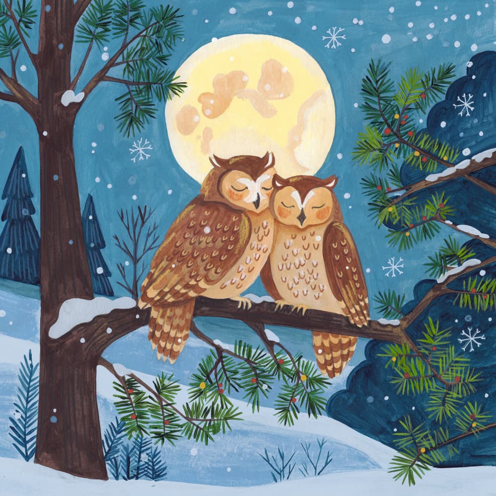 Winter Love Owls by Moonlight Christmas by Caroline Bonne Müller — canvas wall art