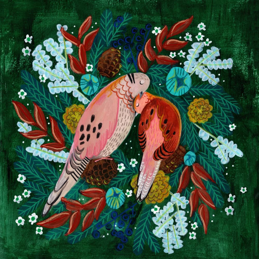 Winter birds turtle dove in green Christmas by Caroline Bonne Müller — canvas wall art