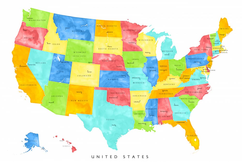 Colorful USA Map by Rosana Laiz Blursbyai — canvas wall art
