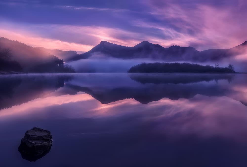 Purple Dawn Lake Reflections by Fran Osuna — canvas wall art