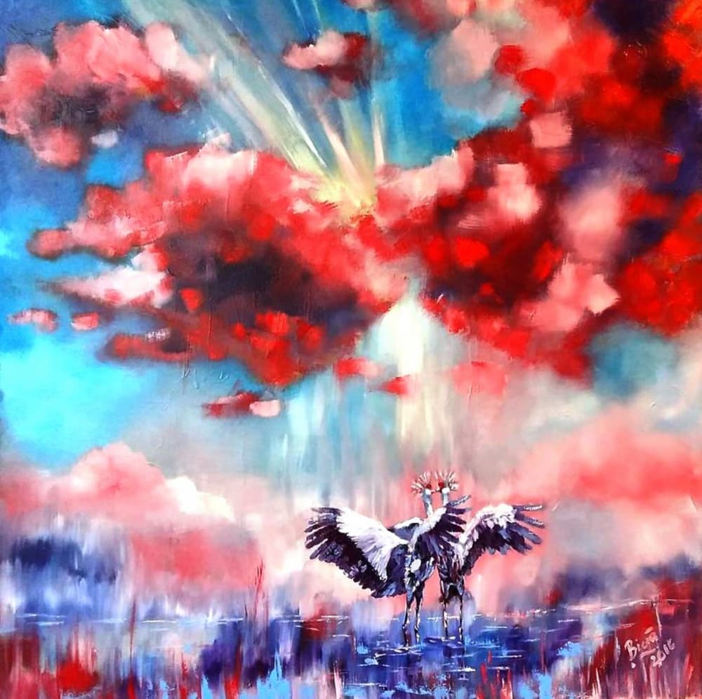 Two Cranes Red Clouds by Anda Bieza — canvas wall art