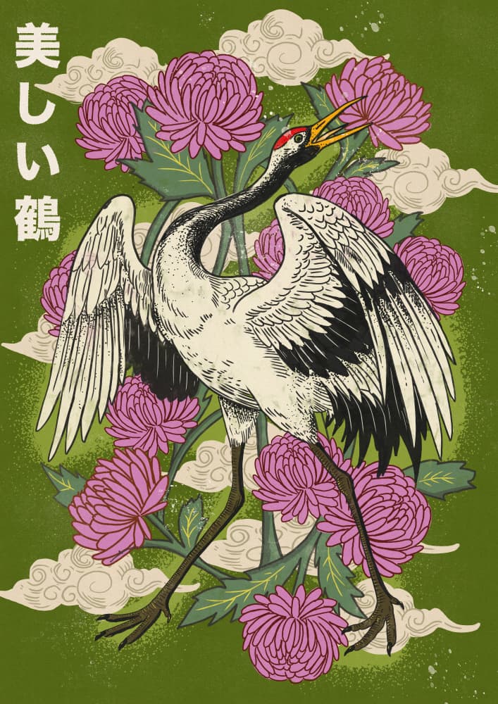 Japanese Crane Chrysanthemums by Nicholas — canvas wall art