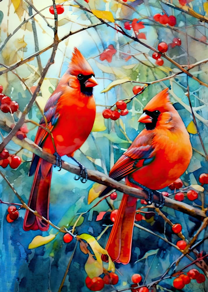 Two Red Cardinals by Justyna Jaszke — canvas wall art