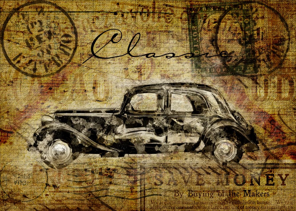 carte postal antique car by Lembayung senja studio [Vintage Poster] — canvas wall art