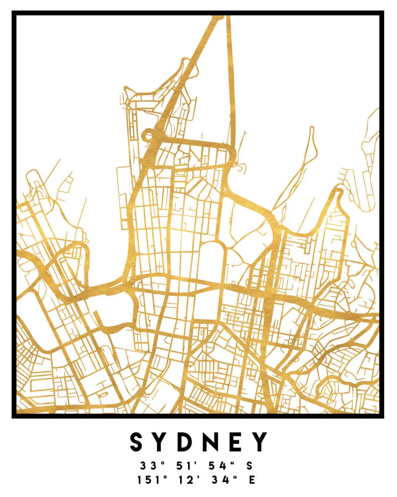Golden Sydney Map by Emiliano Deificus — canvas wall art