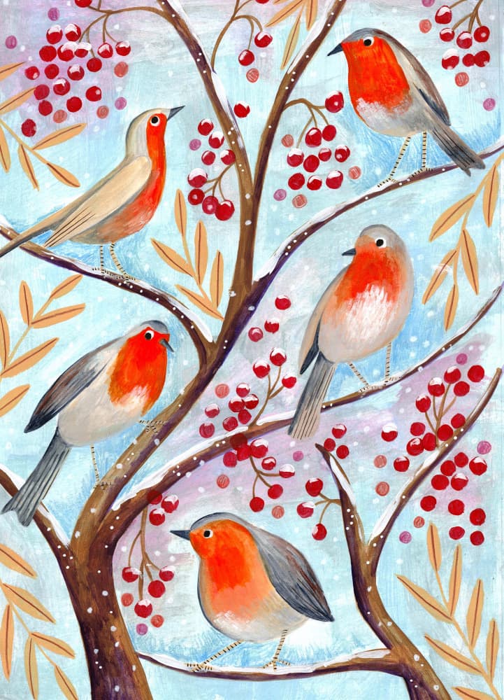 Winter birds robins Christmas snow by Caroline Bonne Müller — canvas wall art