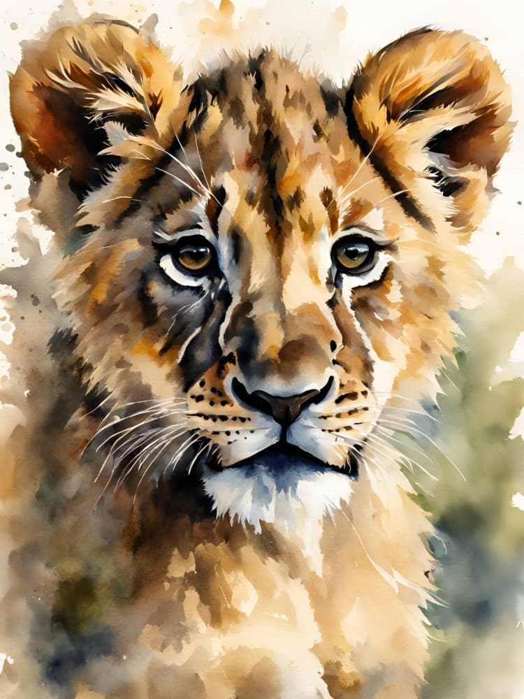 Gentle Lion Cub Watercolor by Ohkimiko — canvas wall art