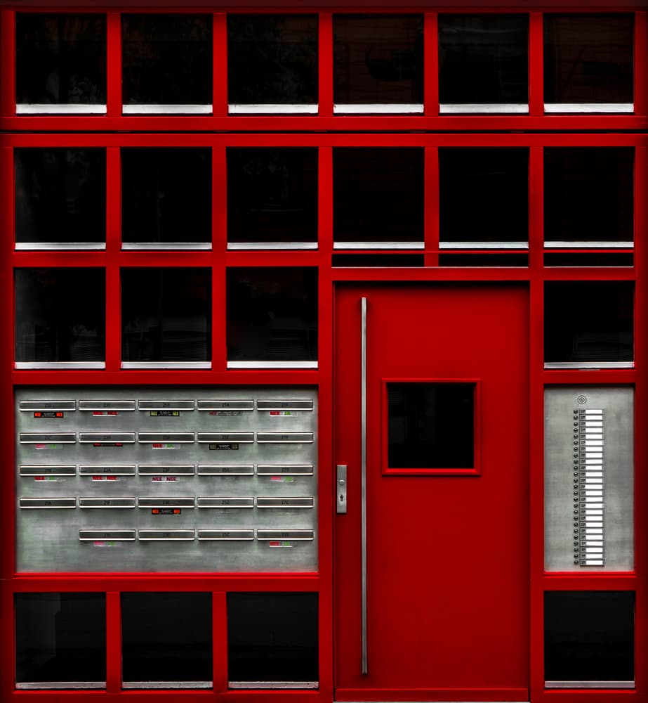Striking Red Building Entrance by Gilbert Claes — canvas wall art