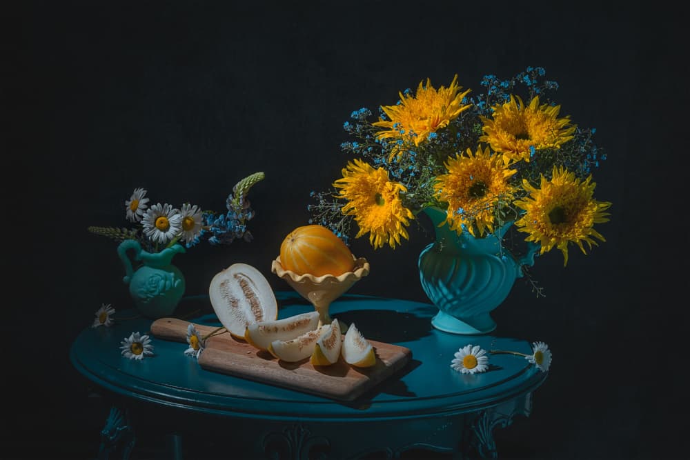 Vibrant Sunflowers and Melon by Lydia Jacobs — canvas wall art