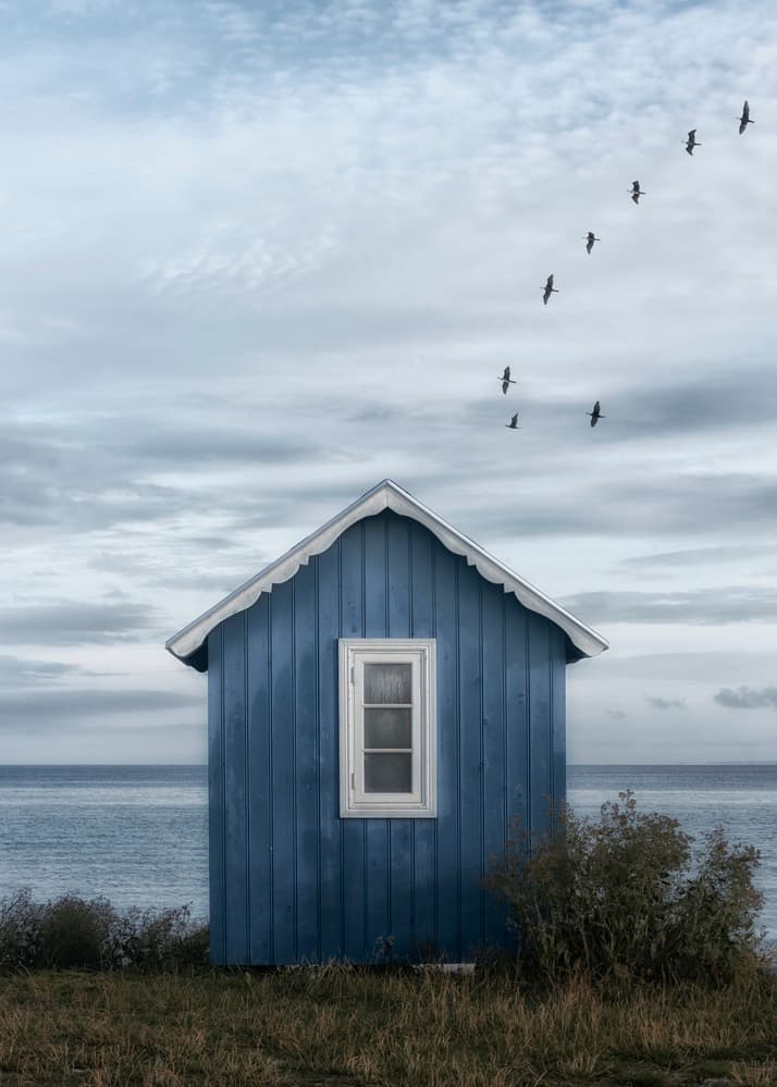 Blue Cabin Ocean View by Lotte Grønkjær — canvas wall art
