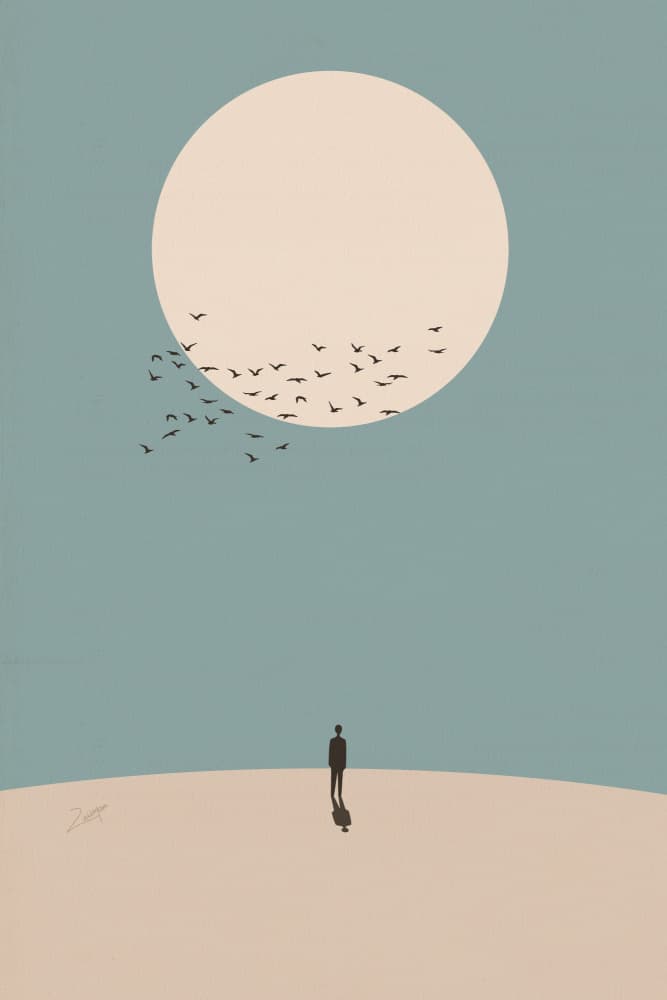 Solitary Man Moon Birds by zarish chaudhry — canvas wall art
