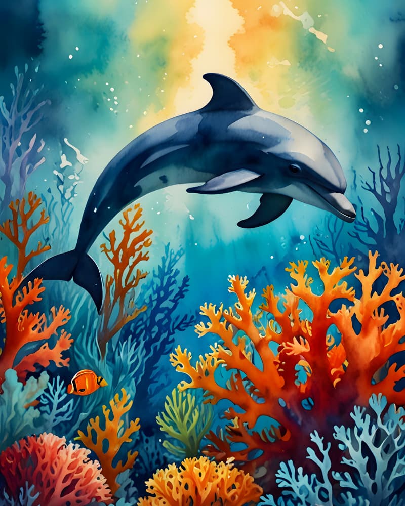Dolphin Over Coral Reef by Kintsugi99 — canvas wall art