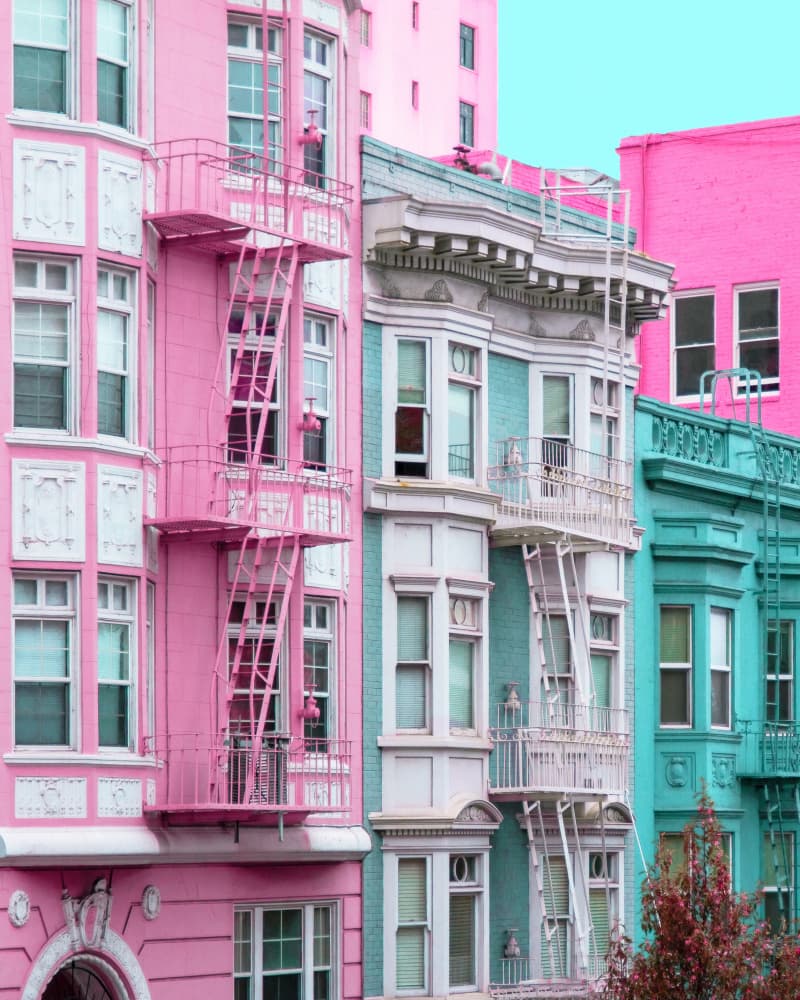 Pink and Blue Row Houses in San Francisco by Tom Windeknecht — canvas wall art