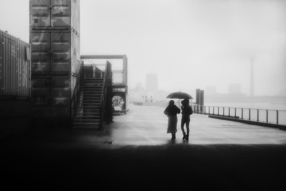 Misty Urban Couple by Adam Dauria ☂ — canvas wall art