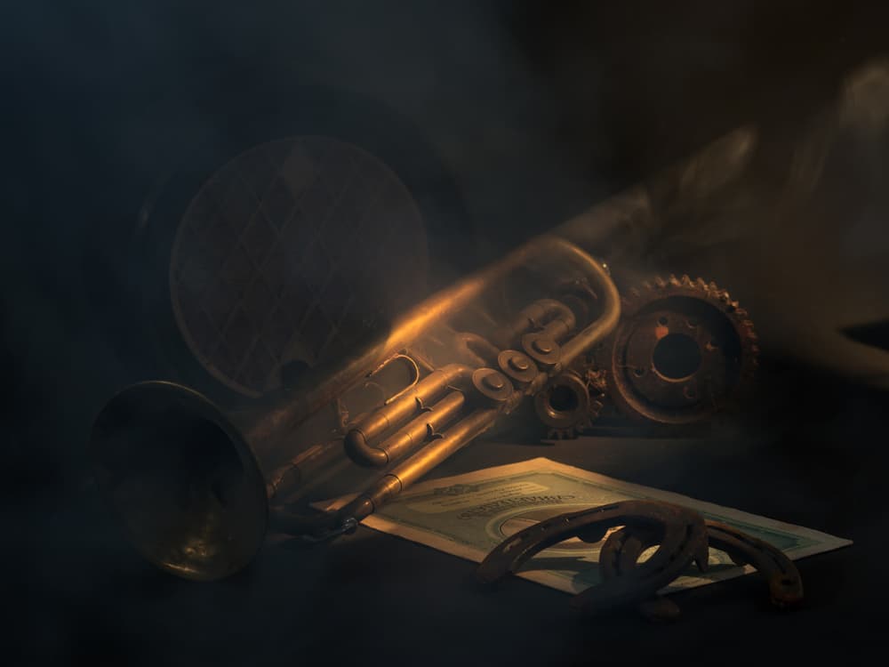 Golden Trumpet Still Life by Vladimir Pavlovskyy — canvas wall art