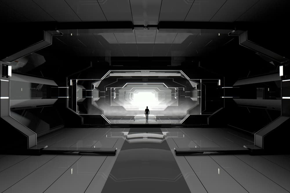 Man in Futuristic Corridor by Mountain Cloud — canvas wall art