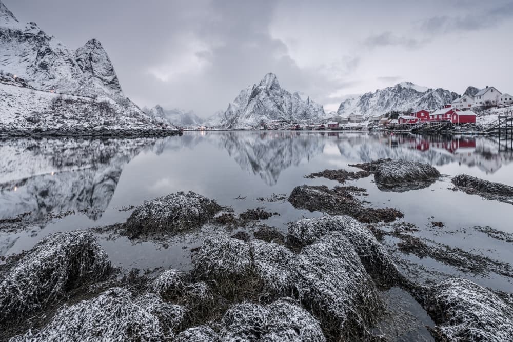 Winter Fjord Village Reflections by Raymond Hoffmann — canvas wall art
