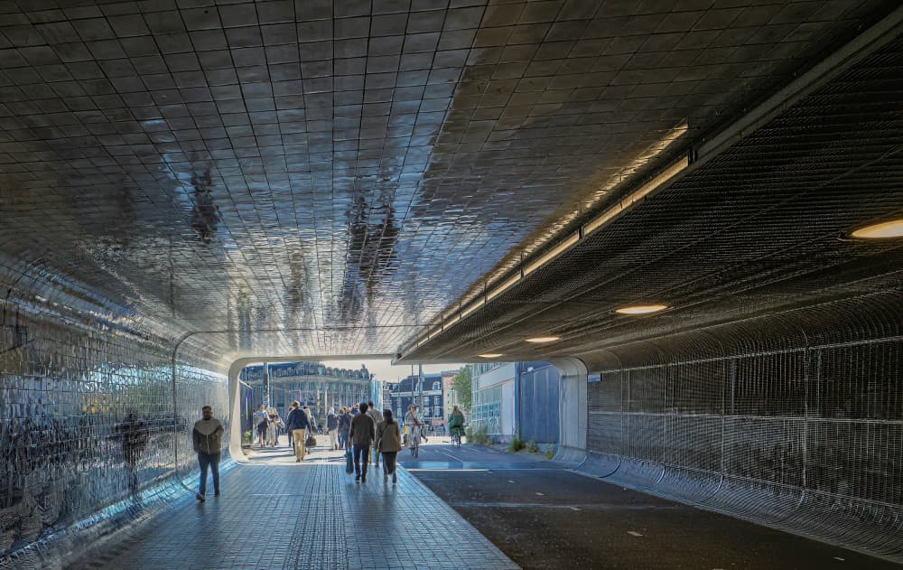 Reflective City Pathway by Fernando Abreu — canvas wall art